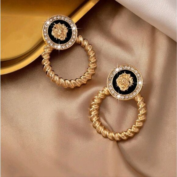 BLACK & GOLD LION DOORKNOCKER  DROP EARRINGS DESIGNER INSPIRED - Picture 4 of 6